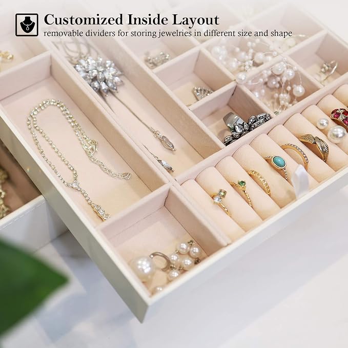 ProCase Jewelry Box for Women, 2 Layers Large Leather Jewelry Organizer Storage Case with Removable Pad for Earrings -White - Image 3