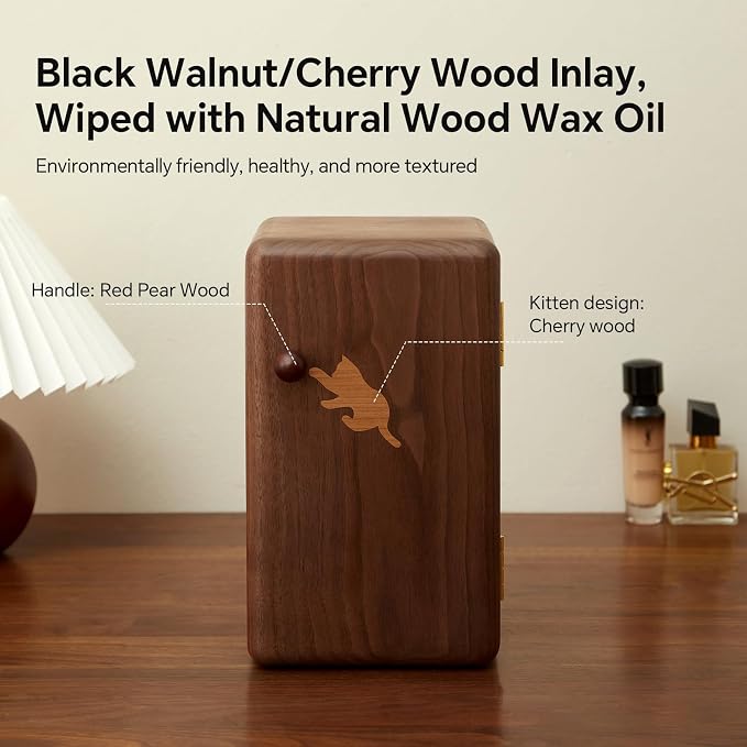Black Walnut Solid Wood Cabinet Jewelry Box for Women, Large Velvet Lined Organizer with 6 Drawers, Cherry Wood Cat Inlays, Rosewood Handles, Gift for Her - Image 6