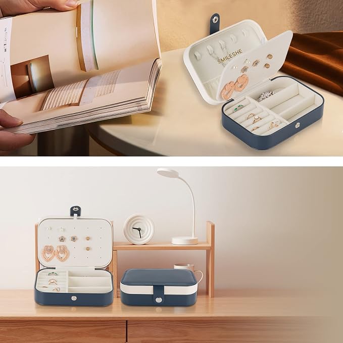 Smileshe Jewelry Box, PU Leather Small Portable Travel Case, 2 Layers Organizer Display Storage Holder Boxes for Rings Earrings Necklaces Bracelets - Image 6