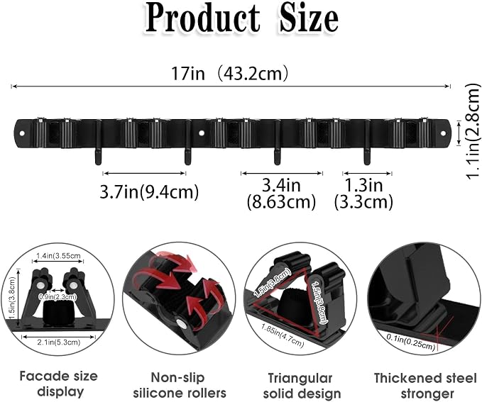 AceMining 2 Pack Black 5 Racks and 4 Hooks Mop and Broom Holder Wall Mount, Broom Organizer Storage Tool Racks Stainless Steel Heavy Duty Hooks Self Adhesive Solid Non-slip for Home Kitchen Garden - Image 3