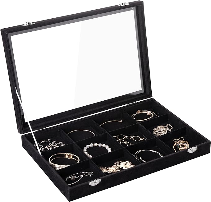 Frebeauty Velvet Jewelry Tray,12 Grid Jewelry Organizer with Clear Lid,Bracelets Holder,Jewelry Display Case with Clasp,Drawer Insert Bangle Brooch,13.8 x 9.5 x 2 Inches,Gift for Women Girls(Black) by Frebeauty