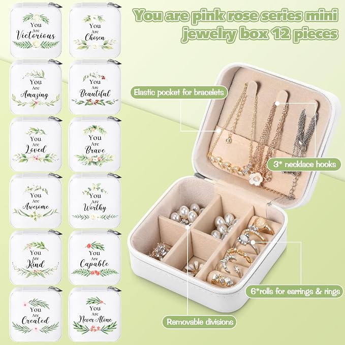 Kacctyen 12 Pieces Mini Travel Jewelry Case Bulk You Are Amazing Loved Mother's Day Church Gifts Green Leaf Gifts for Secretary Mothers Party Girls Leather Travel Jewelry Case - Image 2