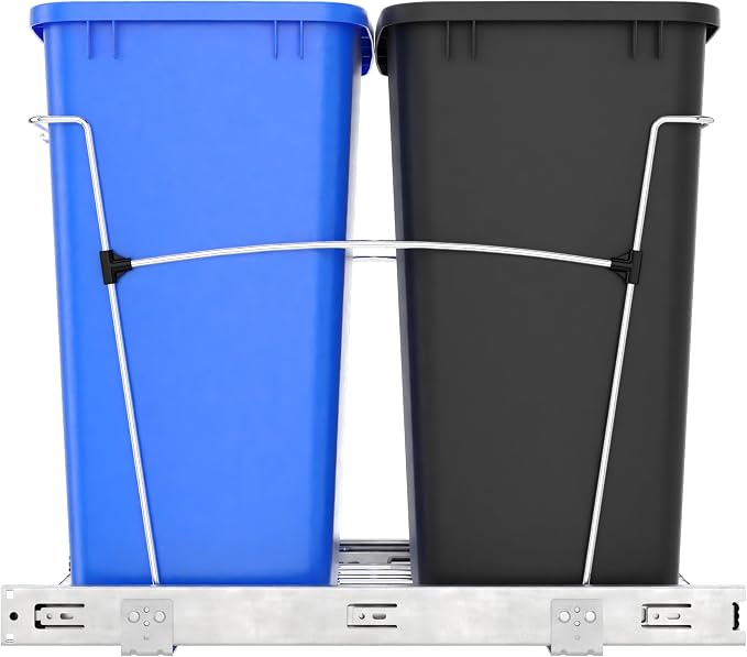 Rev-A-Shelf RV-18KD-2218C-S Double Pullout Trash Cans for Kitchen Cabinets 35 Quart Garbage Recycling Bin on Full Slides, Blue/Black - Image 8
