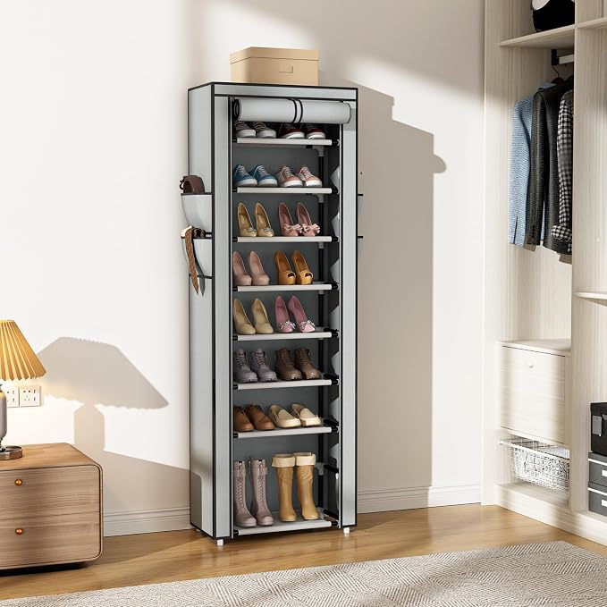 VILICK Shoe Rack with Cover Narrow Shoe Rack Organizer with 4 Side Pockets 10 Tier Tall Shoe Storage Shoe Shelf Holds 18-22 Pairs Shoes and Boots Shoe Rack for Closet, Grey - Image 7