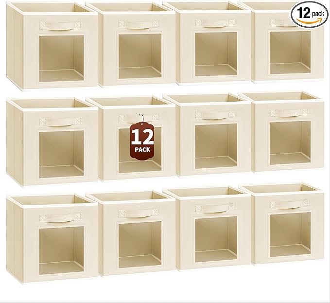 Homsorout Foldable Storage Cubes - Cubby Storage Organizer with Window, Decorative Baskets for Organizing, Fabric Bins for Clothes Storage, Closet Storage Cubes-11inch, Set of 12, Beige by Homsorout