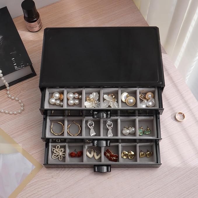 YUFONG Earring Organizer Box Acrylic Jewelry Organizer with 3 Drawers 54 Adjustable Grids Clear Stackable Earring Holder Velvet Trays Ring Display Case for Women Girls (Black Gray) - Image 2