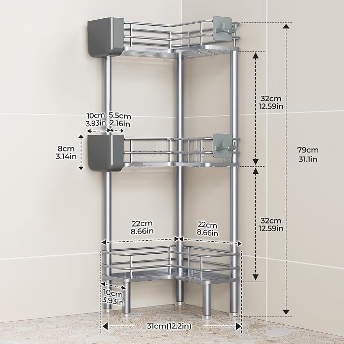 Orimade Rustproof 3 Tier Floor Standing Corner Shower Caddy Organizer with Toothbrush Holder, Large Spacing Floor Shower Shelf Rack Storage Stands with Hooks for Bathroom Kitchen, Silver - Image 2