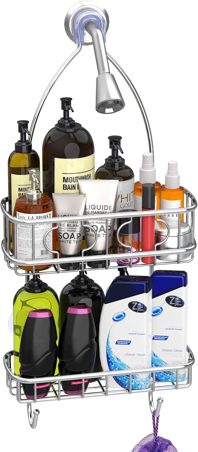 Simple Houseware Bathroom Hanging Shower Head Caddy Organizer, Chrome (22 x 10.2 x 4.2 inches) - Image 2
