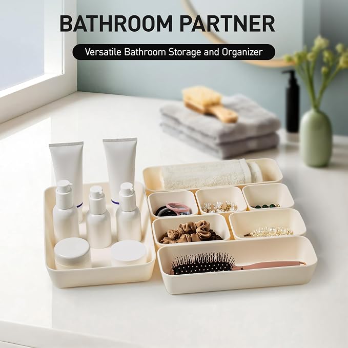 ISSEVE 8Pcs Nesting Silicone Drawer Organizer Trays, 4 Size Versatile Vanity Bathroom & Desk Drawer Organizer Set Storage Bins for Office,Kitchen,Nightstand,White - Image 4