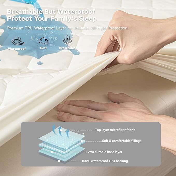 Waterproof Twin Mattress Protector, 18" Deep Pocket Mattress Topper - Lab Tested Leakproof, Oeko-TEX Certified, Breathable & Noiseless, Machine Washable,Fitted Twin Sheets Only (Cream White)