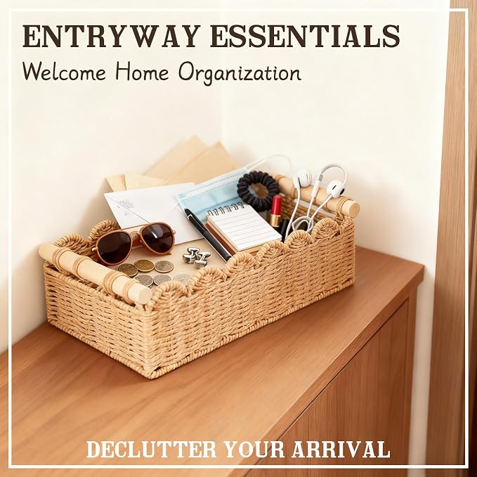 Upgraded Paper Rope Scalloped Edge Toilet Paper Storage Basket, Small Living Room, Bedroom Decor Baskets for Over Toilet Storage Shelf, End Table, Shelves and More, with 2 Wooden Handle (Green) - Image 4