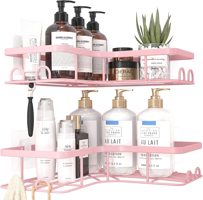 Sakugi Corner Shower Caddy - 2 Pack, Adhesive Shower Organizers, Rustproof Stainless Steel Shower Shelves with 8 Hooks, No Drilling Bathroom Organizers and Storage Racks, Space-Saving, Pink, Large - Image 3