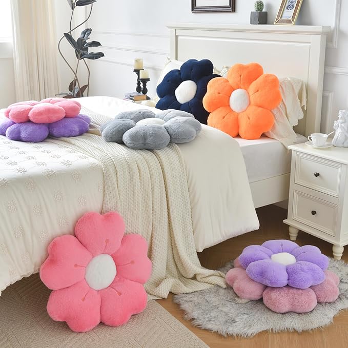 Flower Pillow, Flower Shaped Pillow Decorative Throw Pillows for Bed Couch, Cute Daisy Pillow Dorm Decor Floor Seating Cushion (Grey Pink, 15 Inches)