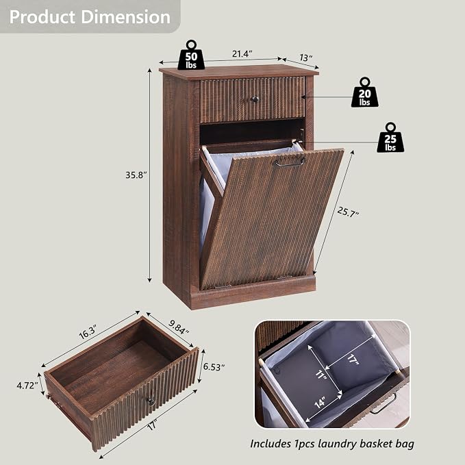 IFBUY Modern Tilt Out Laundry Hamper Cabinet, 10 Gallon Fluted Trash Can Cabinet with Drawer, Wooden Hidden Garbage Can Cabinets with Laundry Basket, Free Standing for Bathroom and Kitchen, Brown - Image 2