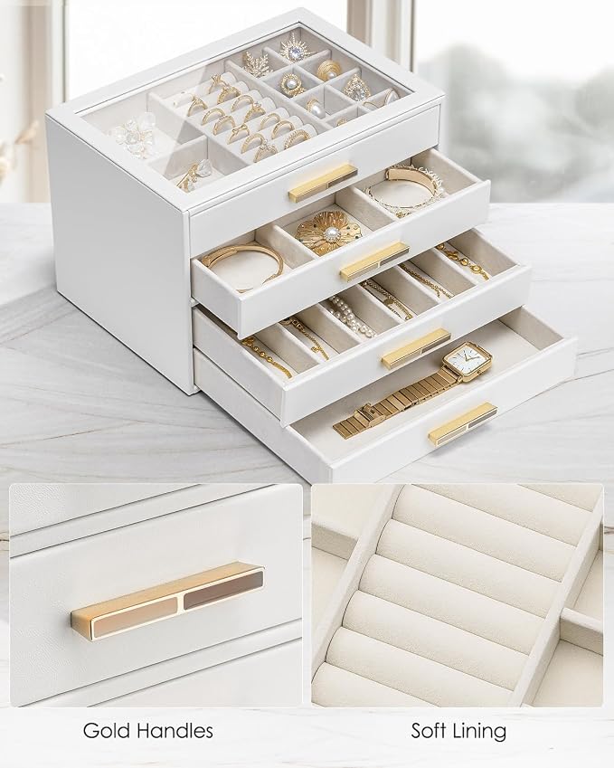 VLANDO Jewelry Box for Women, Glass Lid Jewelry Organizer with 4 Drawers for Necklaces Rings Earrings Bracelets Christmas Gift - White - Image 5