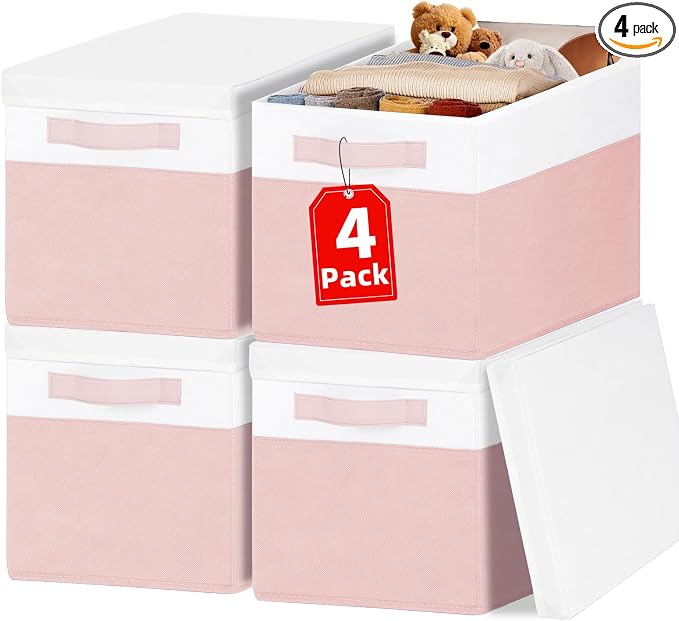 Large Closet Organizer Bins with Lids 4 Pack - 23 QT Collapsible Decorative Storage Boxes with Lids - Clothes Storage Bins with Handles - Fabric Containers for Living Room, Dorm, Nursery - Pink by Criusia