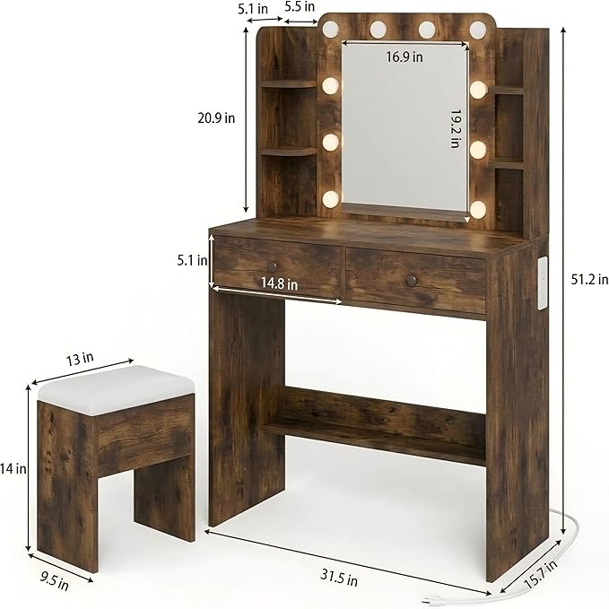 Haewon Vanity Desk with Mirror and Lights, Makeup Vanity with 10 LED Bulbs and 3 Color Modes, Dressing Table Set with Power Outlets, Storage Drawers and Chair for Bedroom, Vintage Brown