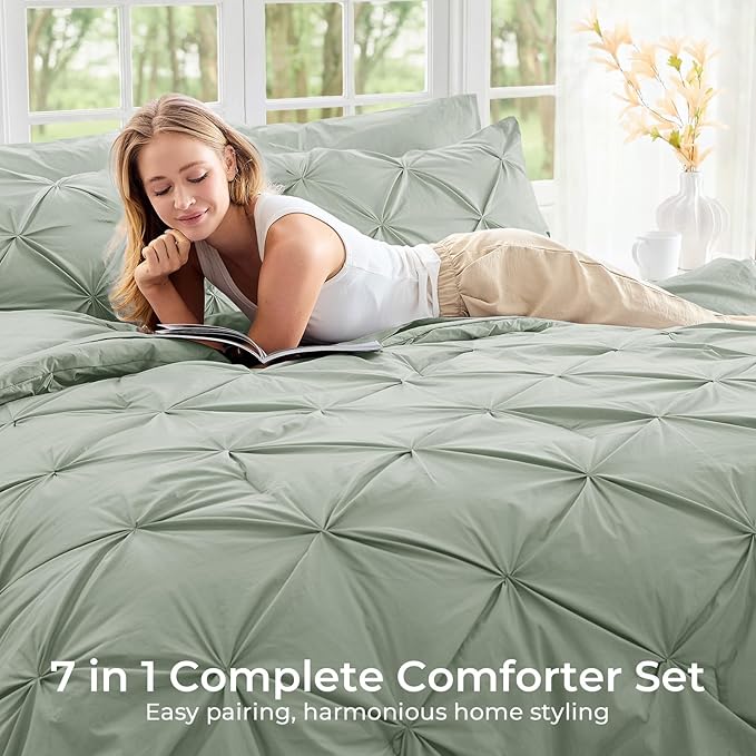 Sasttie Queen Comforter Set, 7-Piece Bed in a Bag, Pintuck Bedding Set for All Season, Includes Comforter, Flat Sheet, Fitted Sheet, Pillowcases and Pillowshams, Dusty Green