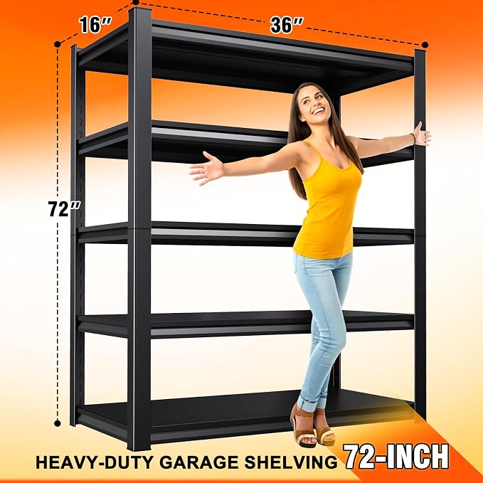 72''H 36''W Storage Shelves,2500LBS Garage Shelving ,Adjustable Garage Shelves ,Heavy Duty Metal Shelving, 5 Tier Wood Utility Steel Shelf, Shelving Units and Storage Rack fo Kitchen Pantry Laundry - Image 2