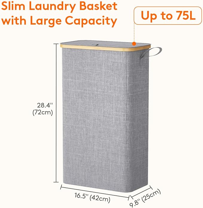 Lifewit 75L Slim Laundry Hamper with Lid, Narrow Laundry Basket with Removable Bag & Bamboo Handles, Fodable Thin Dirty Clothes Hamper for Laundry Collapsible Bin for Bathroom Bedroom Dorm, Gray - Image 3