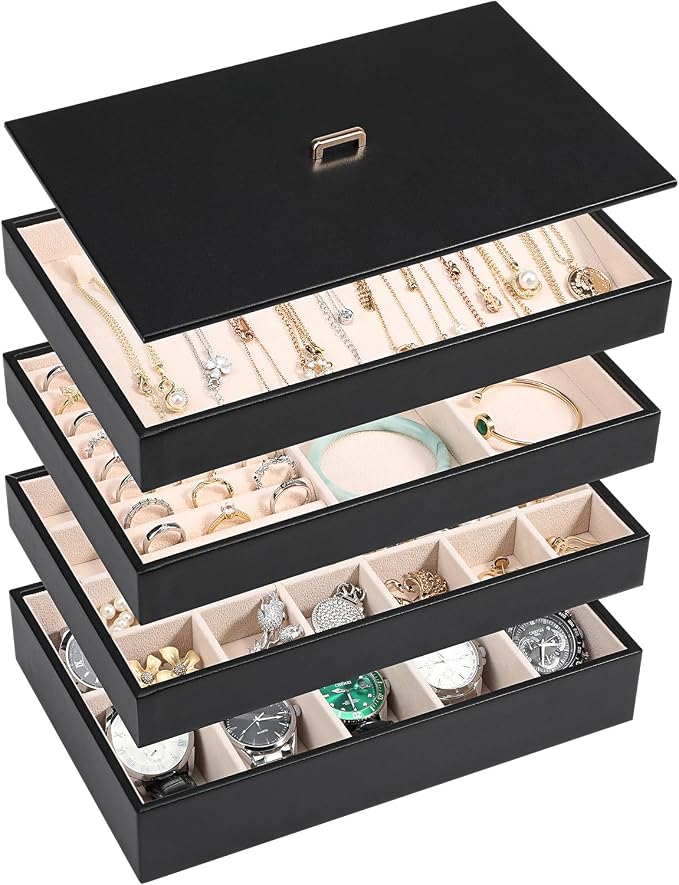 Voova Stackable Jewelry Organizer Tray with Lid, PU Leather Jewelry Storage Holder for Drawer Inserts, Jewellery Display Box Case for Earring Necklace Ring Watch Bracelet (Set of 4, Black) by Voova