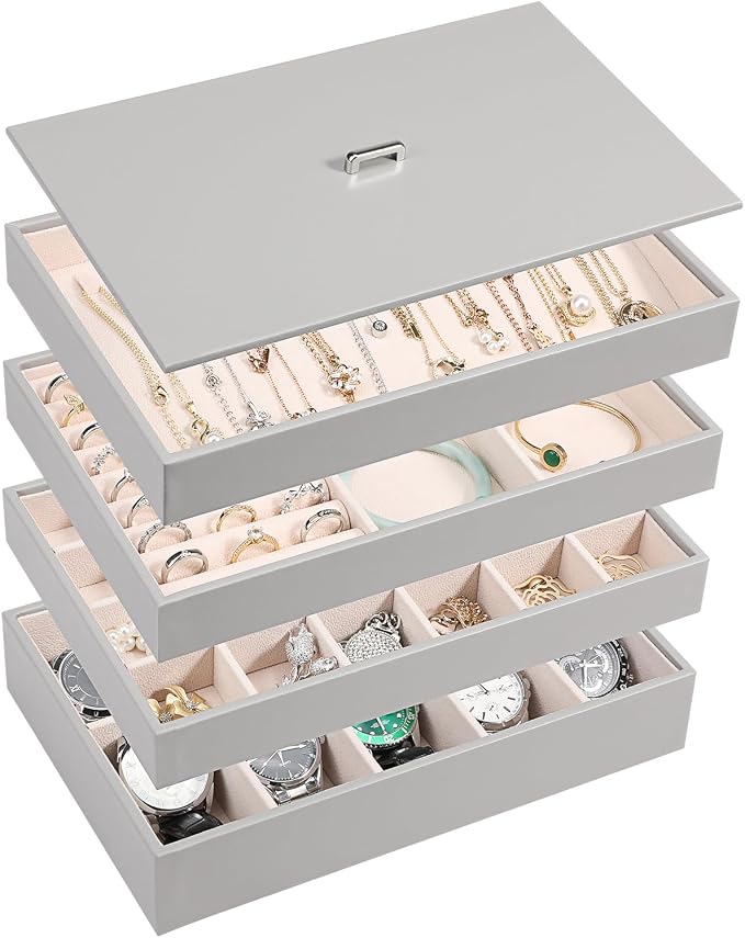 Voova Stackable Jewelry Organizer Tray with Lid, PU Leather Jewelry Storage Holder for Drawer Inserts, Jewellery Display Box Case for Earring Necklace Ring Watch Bracelet (Set of 4, Grey) by Voova