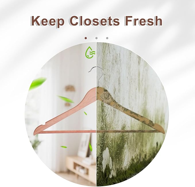 HOUSE DAY Cedar Hangers for Closet 30 Pack, Smooth Cedar Wood Hangers with Rings, 360° Swivel Hook, U-Shape Notched, Non Slip Pant Bar, Sturdy Wooden Clothes Hanger for Coats, Dresses, Suits - Image 5