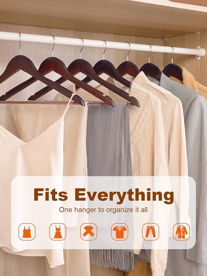 HOUSE DAY Cherry Wooden Hangers 30 Pack, Solid Wood Hanger with Non Slip Pant Bar, Heavy Duty Wooden Coat Hanger for Closet, Smooth Finish Wood Clothes Hangers for Shirts, Suits, Jackets, Dress - Image 5