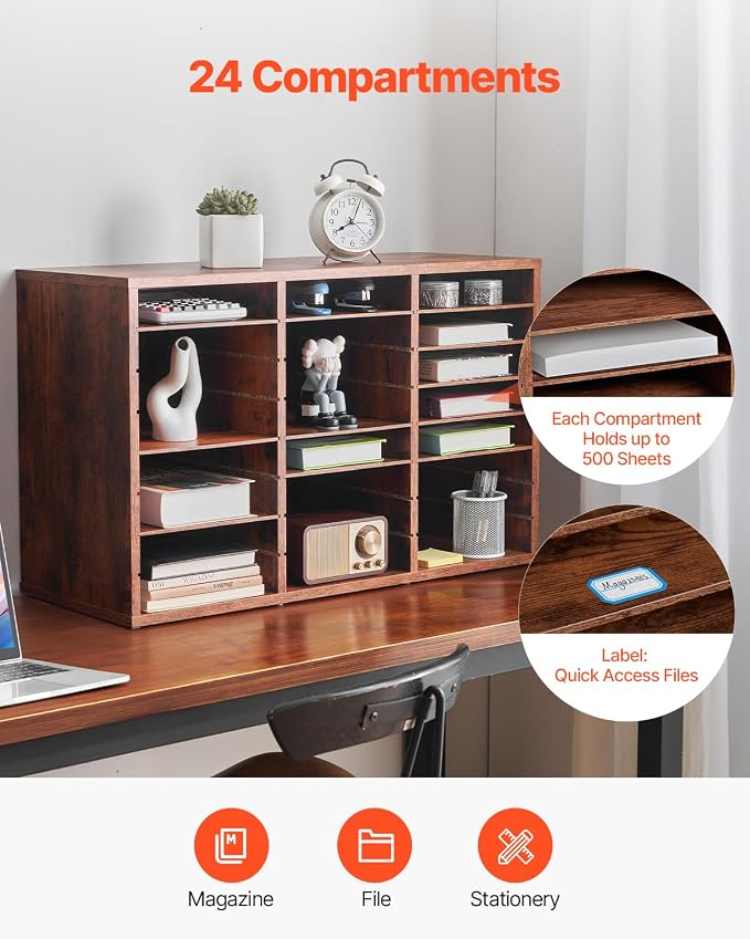 VEVOR Literature Organizer, 24 Compartments Office Mailbox with Removable Shelves, Wooden Mailbox Sorter Particle Board Office Home Classroom Storage, File Sorter for Documents, Papers, Dark Brown - Image 6