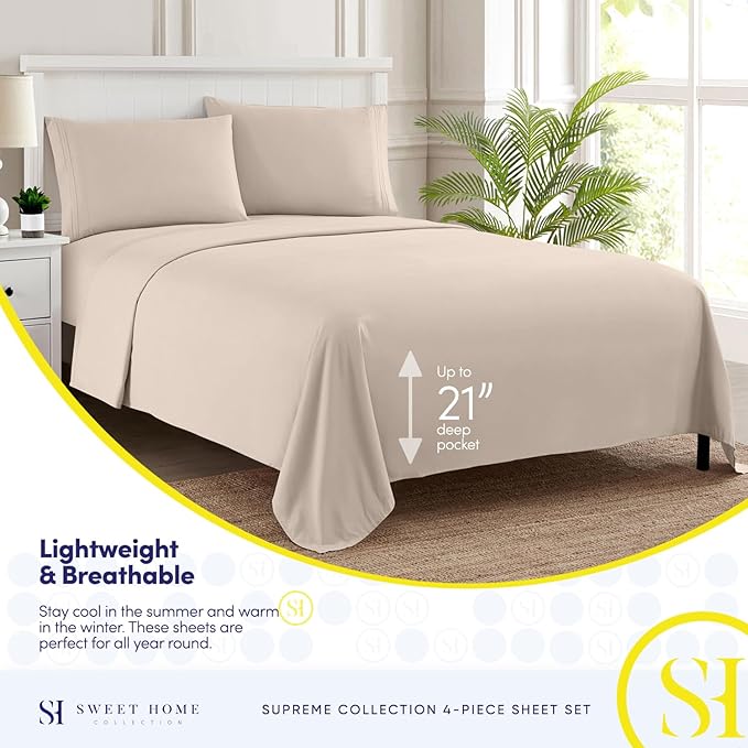 California King Sheet Sets - Breathable Luxury Sheets with Full Elastic & Secure Corner Straps Built In - 1800 Supreme Collection Deep Pocket Bedding, Sheet Set, EXTRA DEEP pocket - Cal King, Beige