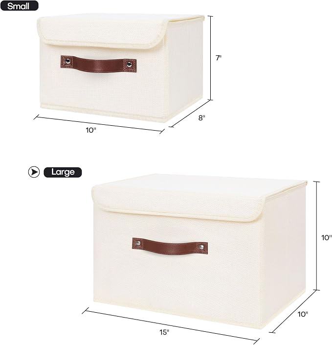 ANMINY Storage Bin with Lid Storage Boxes with PU Leather Handles PP Plastic Board Decorative Foldable Lidded Cotton Linen Fabric Home Cubes Baskets Closet Organizer Container - Beige, Large Size - Image 5