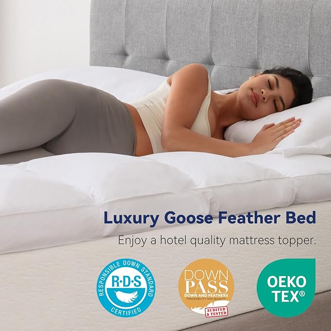 3 Inch White Goose Feather Mattress Topper,Full Feather Bed Topper,Mattress Cover with Straps,Ultra Soft Pillowtop,100% Cotton Fabric(54”x75”)