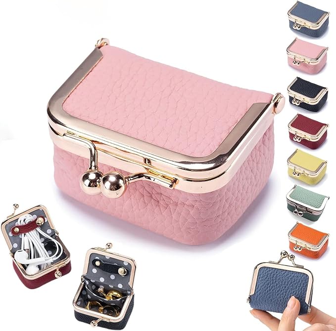 Leather Mini Jewelry Box, Portable Vintage Leather Coin Purse Jewelry Box with kiss Lock, Mini Travel Ring Box for Earrings/Rings/Necklaces/Bracelets by Unknown