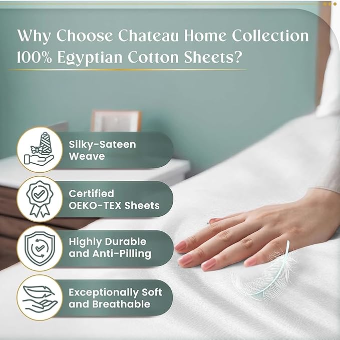100% Egyptian Cotton Sheets King Size Sheets Set with Fully Elasticated 15" Deep Fitted Sheet & Pillowcase Sets, 800TC Sateen Weave Hotel Collection King Sheet Set, Soft Luxury White Bedding