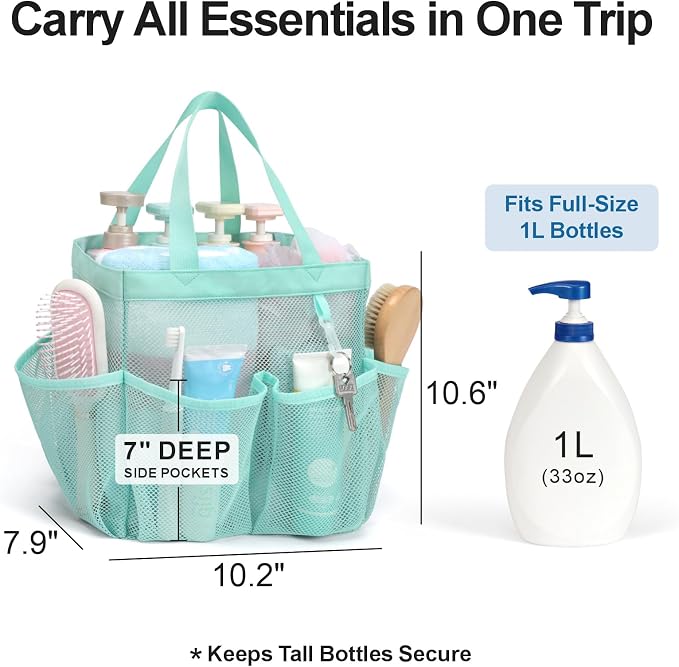 F-color Mesh Shower Caddy Portable, Upgrade Deeper 7 Pockets Shower Bag Basket Tote for College Dorm Room Toiletry Bathroom Essentials Gym Camp Quick Dry 2 handles with S Hook, Sage Green - Image 2