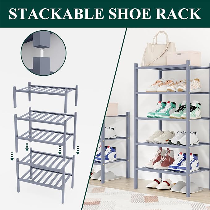 Smiry Shoe Rack, 6 Tier Small Bamboo Shoe Organizer, Stackable Free Standing Wooden Shoe Storage Shelf for Closet, Entryway, Front Door Entrance, Grey - Image 4