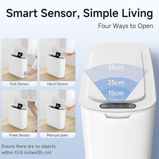 TIPGO Automatic Motion Sensor Bathroom Trash Can with Lid, 2.6 Gallon Touchless Trash Bin, Smart Garbage Can Plastic Slim Wastebasket for Bedroom, Office, Dorm (White) - Image 4