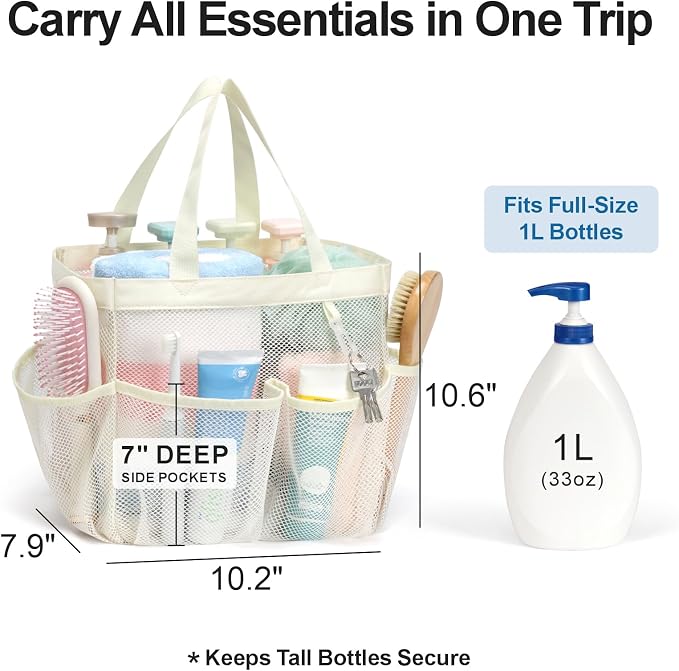 F-color Mesh Shower Caddy Portable, Upgrade Deeper 7 Pockets Shower Bag Basket Tote for College Dorm Room Toiletry Bathroom Essentials Gym Camp Quick Dry 2 handles with S Hook, Butter White - Image 2