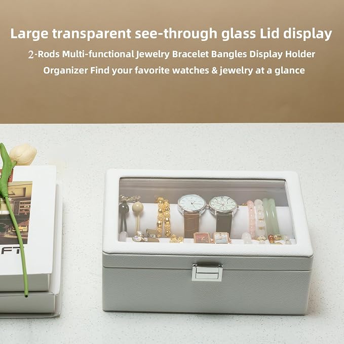 Bracelets Organizer Rods Bangles Display Holder, Clear See through Lid Leather Velvet Jewelry Storage Box Case for Women, 2 Rods White Leather - Image 7