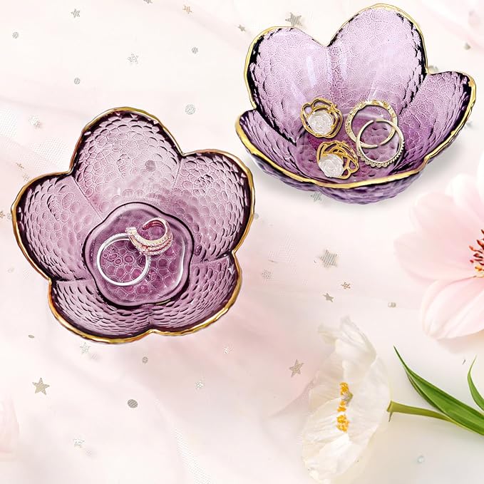 Gifts for Women Purple Flower Jewelry Dish Glass Ring Holder Decorative Jewelry Tray Cute Vanity Room Decor Aesthetic Nightstand Bathroom Decor Trinket Dish Friendship Birthday Christmas Gifts (2pcs) - Image 3