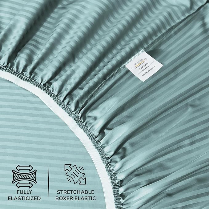 Feather & Stitch 500 TC Queen Size Bed Sheet Set, 100% Cotton Soft Breathable Bedsheets 4 Piece 18" Deep Pockets Sateen Weave Striped Bedding Mattress Resort Hotel Luxury - (Granite Green Stripe)
