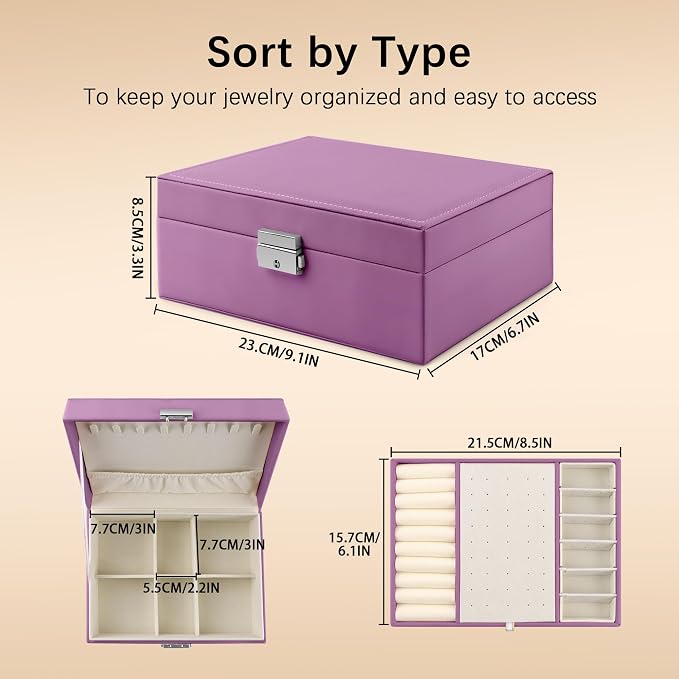 Homeanda Jewelry box 2 layer Jewelry box Leather Jewelry boxes for Women Girls Teens Jewelry organizer box Jewelry Storage box with lock(Purple) - Image 3