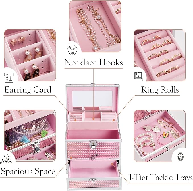 Hododou Girls Jewelry Box Organizer with Drawer & Mirror, Shiny Pink Style Lockable Storage Case for Kid or Little Girls Jewelry and Hair Accessories - Image 4