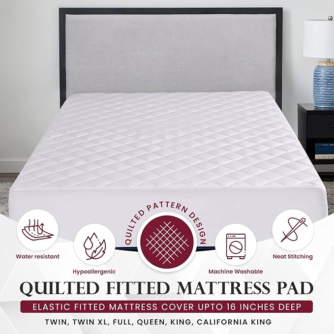 LUX Décor King Mattress Pad - Quilted Elastic Fitted Mattress Cover Protector Upto 16 Inches Deep Pocket - Soft Breathable Noiseless Mattress Topper (78 X 80)