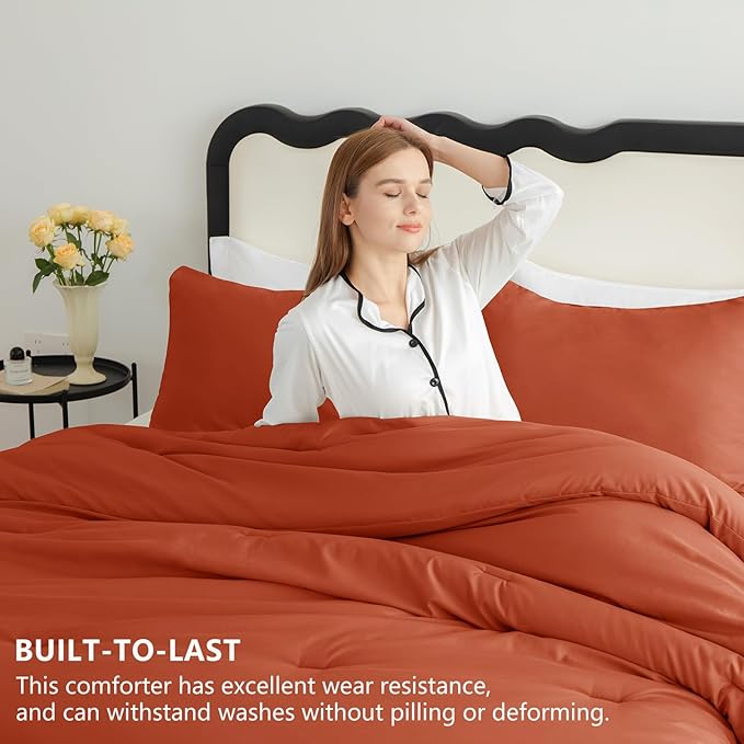 CozyLux Terracotta Queen Comforter Set, 3 Pieces Burnt Orange Rust Solid Breathable Quilted Bedding Sets, Luxury Fluffy Soft Bed Set with Down Alternative Comforter and 2 Pillowcases for All Season