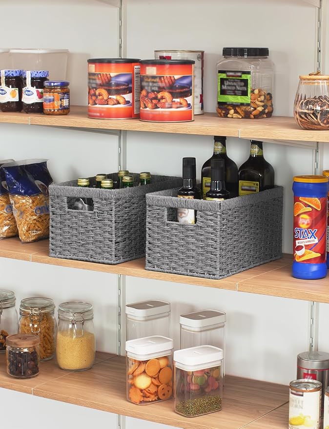 StorageWorks Round Paper Rope Storage Baskets, Rectangular Wicker Baskets with Built-in Handles, Gray, 2-Pack - Image 6