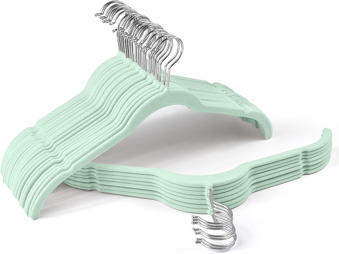 SIshynio 30 Pack Velvet Hangers – Non-Slip Slim Clothes Hangers with 360° Swivel Hook, Space-Saving Flocked Shirt Hangers for Coats, Dresses, Blouses, Suits(Green) by Sishynio