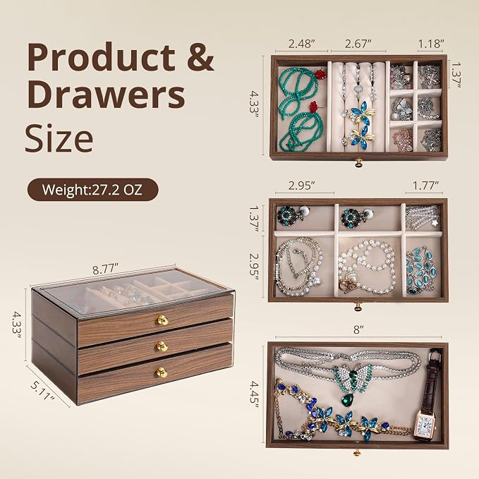 CLUQMEIK 3 Layer Acrylic Case Wooden Drawer Jewelry Organizer with Velvet Lining, Jewelry Box for Women and Girls to Store Rings Earrings Bracelets Necklaces（B） - Image 3