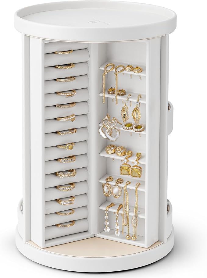 VLANDO 360°Rotating Jewelry Box,Earring Organizer Large Vertical Jewelry Organizer with 6 Necklace Hooks, Open Ring Display Storage for Women -White by VLANDO