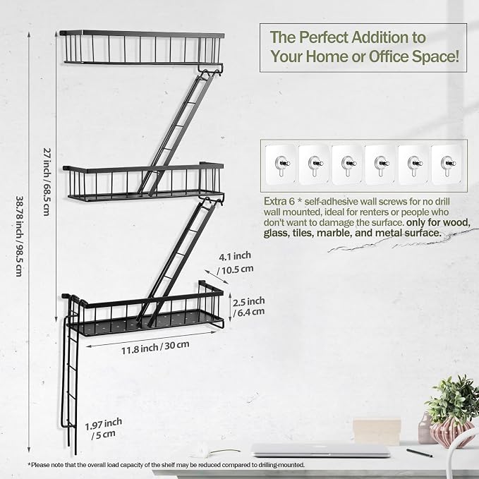 SweetSage Fire Escape Wall Shelf - New York Decorative Ladder Shelf, Wall Art Floating Shelf Black Metal Shelves for Bedroom, Home Office Storage and Display (3-Tier) - Image 2